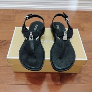 Michael Kors Black Quilted T-Strap Sandals with Silver Hardware